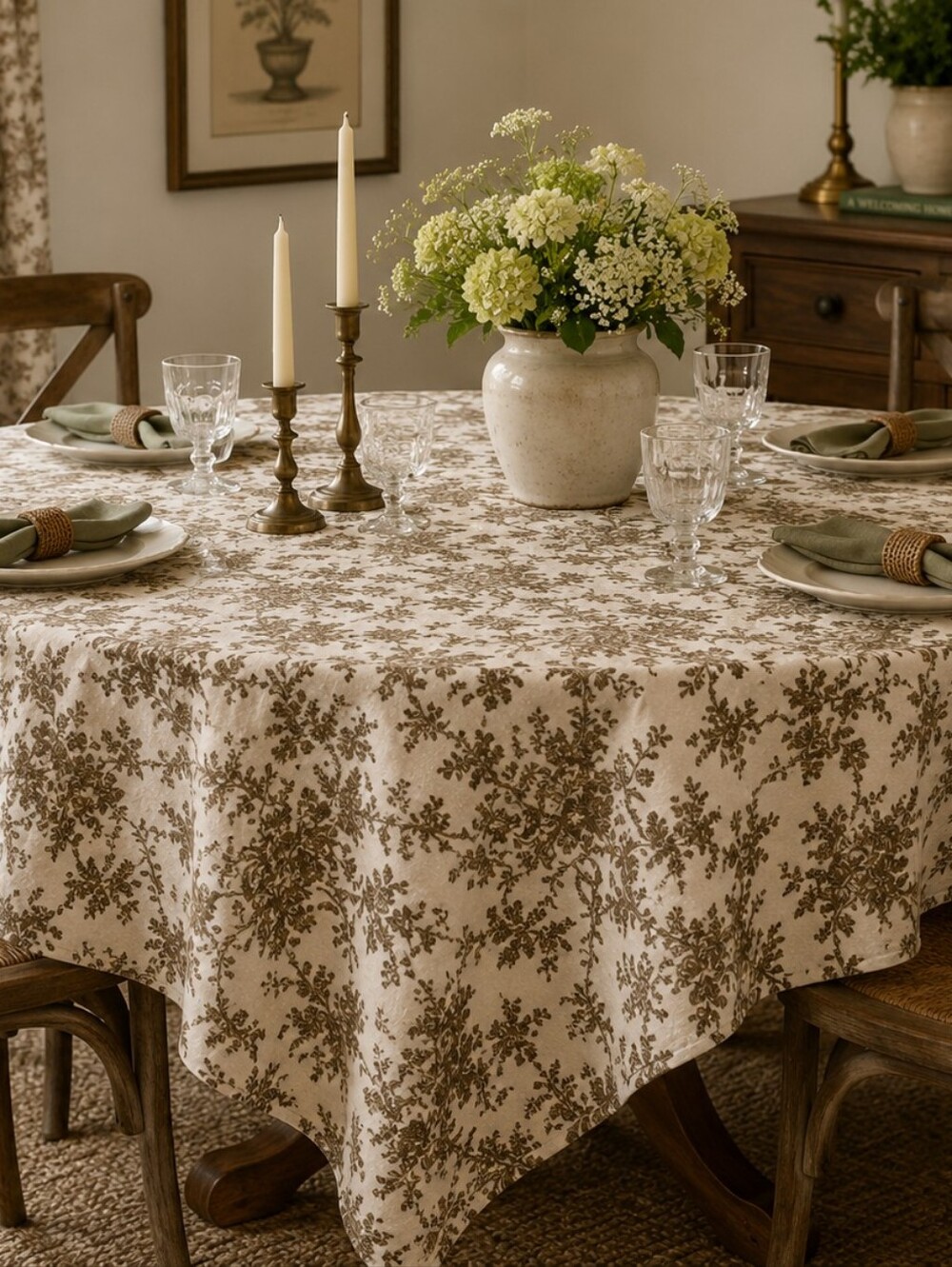 Ballard DESIGNS TOILE Round Floral Tablecloth in Cream and Brown CHINOISERIE